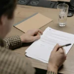 Pebisnis meninjau dokumen surat penawaran sambil memegang pena di atas meja kerja